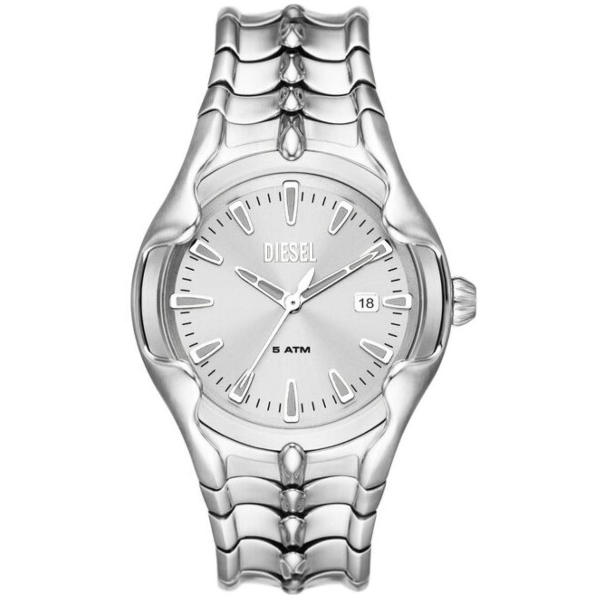 Diesel stainless steel men's watch with silver dial, baton markers and date window