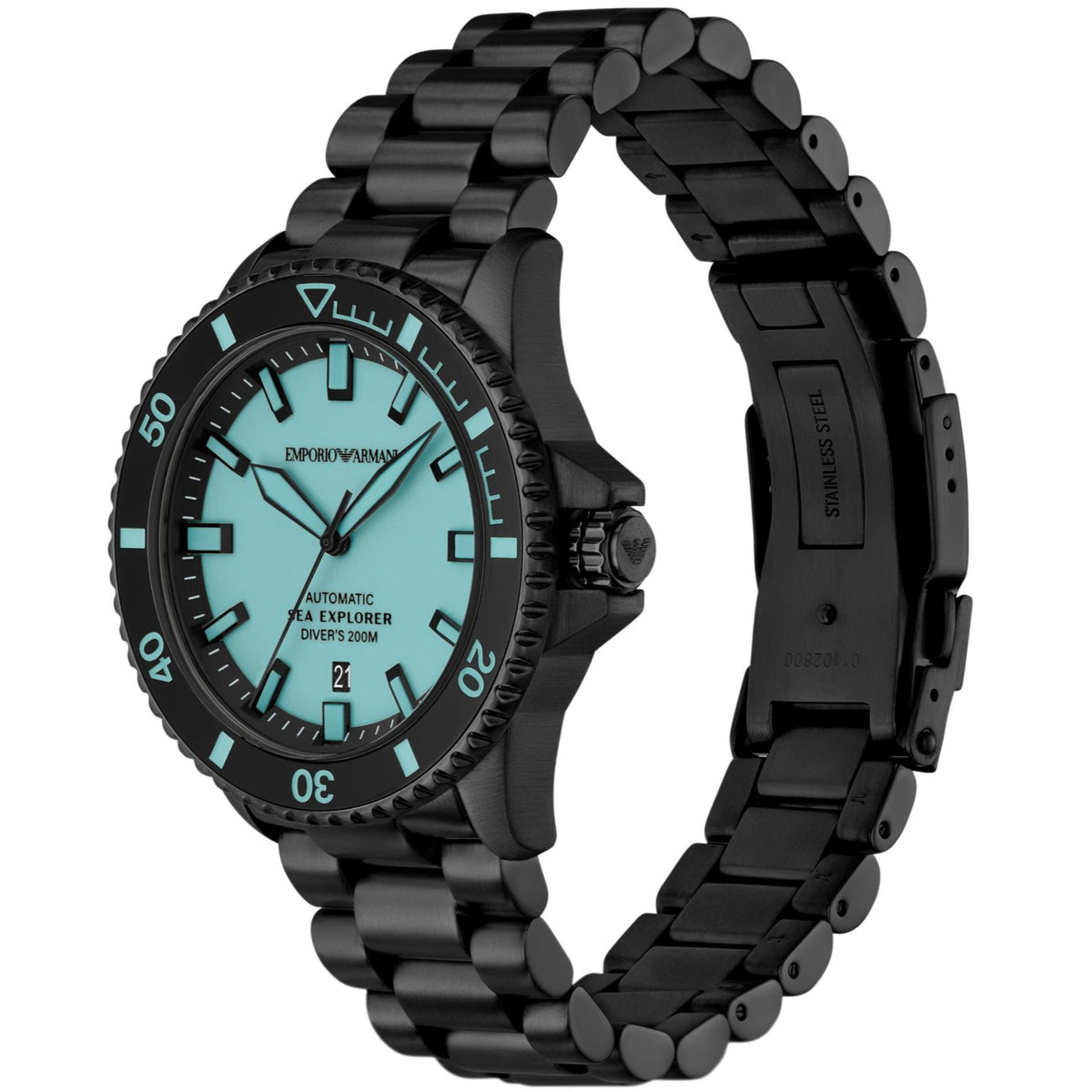 Angled view of the Emporio Armani Sea Explorer AR60084 watch highlighting the black link bracelet and blue dial