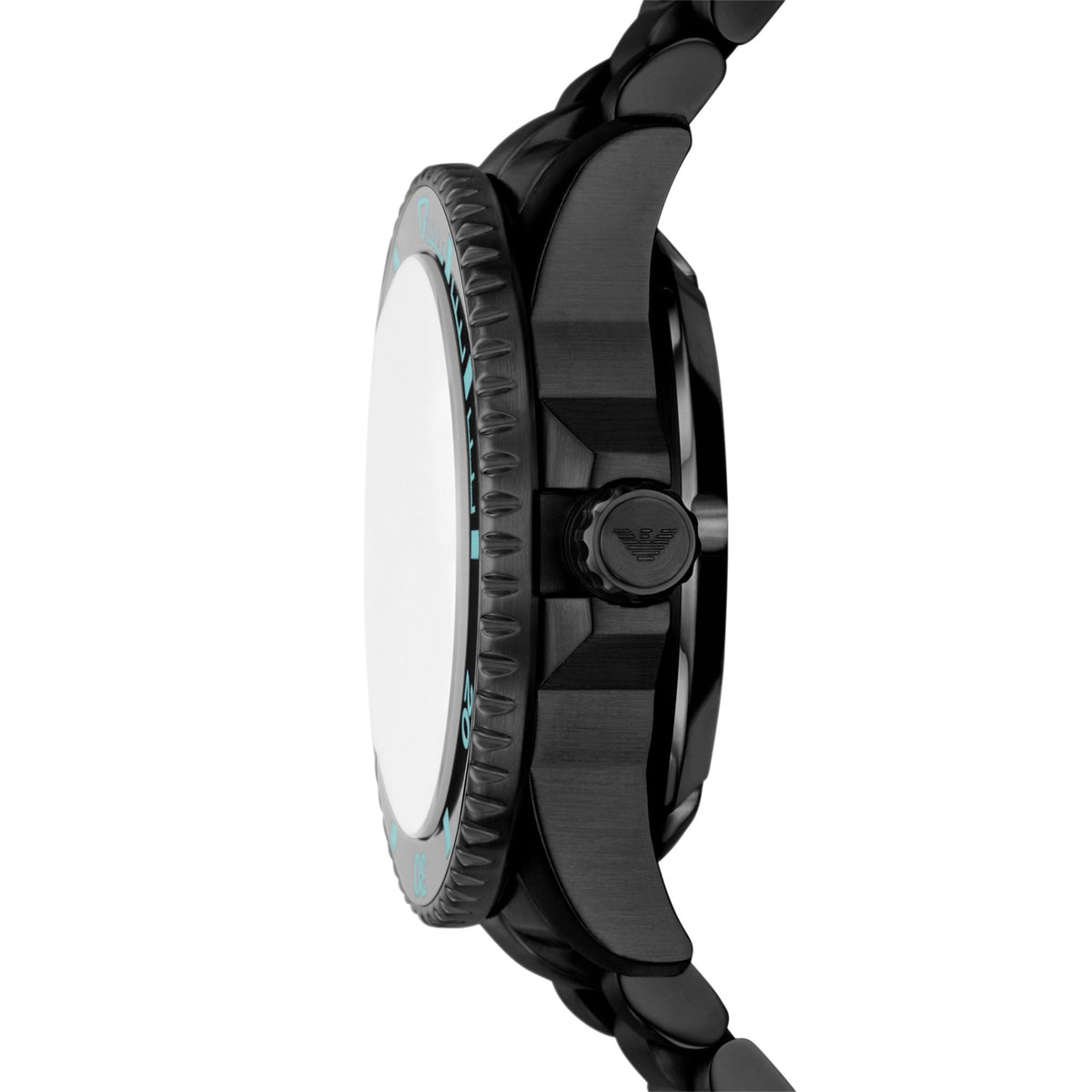 Side view of the Emporio Armani Sea Explorer AR60084 wrist watch showing the knurled bezel and crown guard