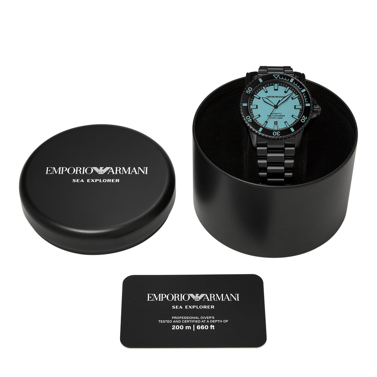 Emporio Armani Sea Explorer AR60084 watch sitting inside an open black display case with a certification card