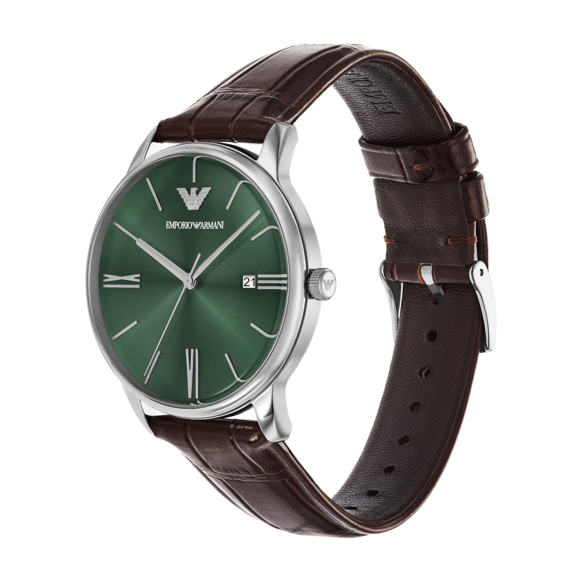 Three-quarter angle view of the Emporio Armani Minimalist AR11672 watch showcasing the green dial and leather strap