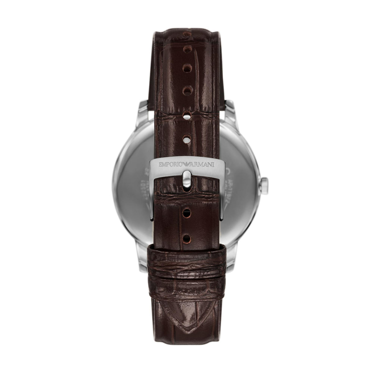 Back view of the Emporio Armani Minimalist AR11672 displaying the brown leather strap and engraved steel pin buckle