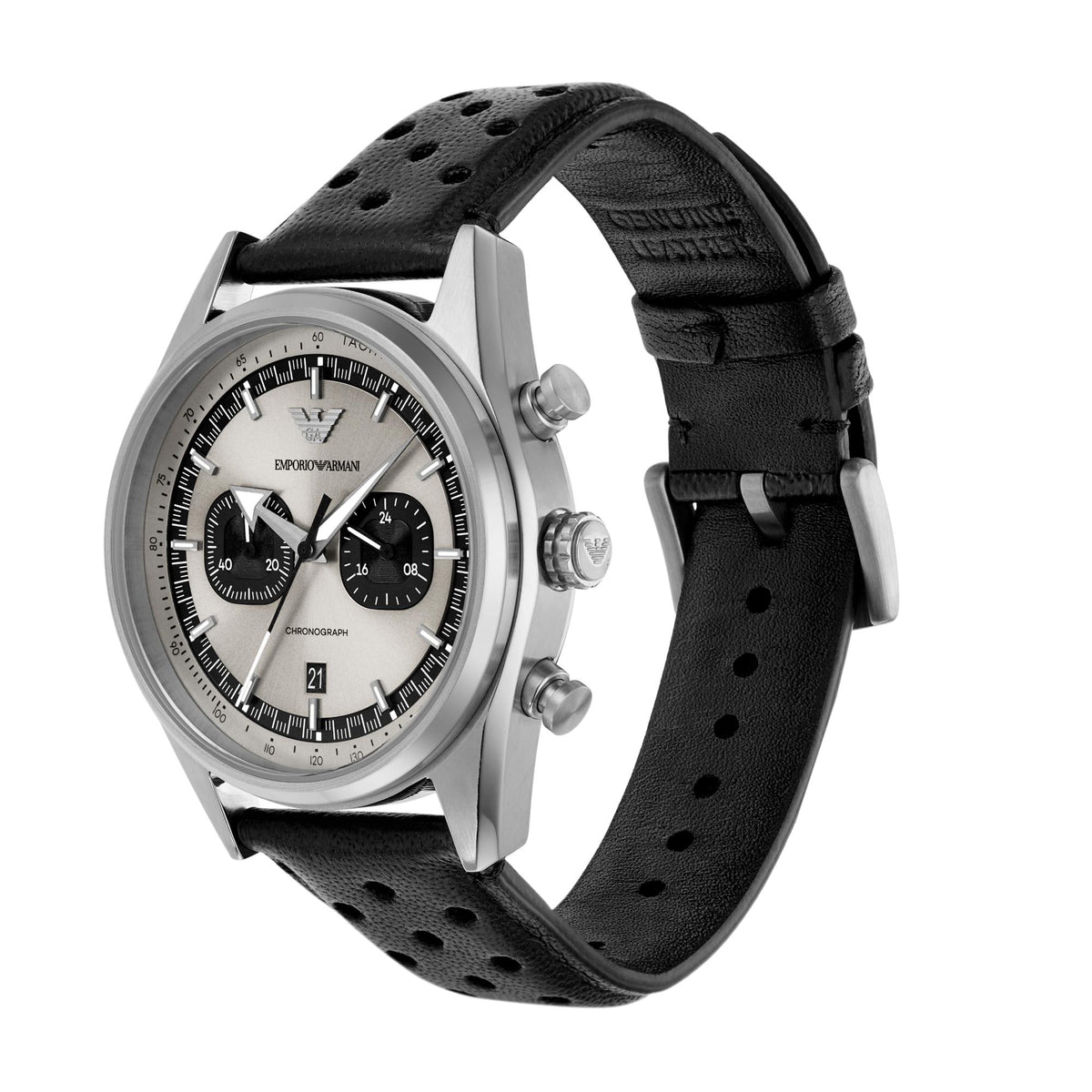 Emporio Armani Gianni T-Bar AR11677 three-quarter angle view detailing chronograph pushers and steel case