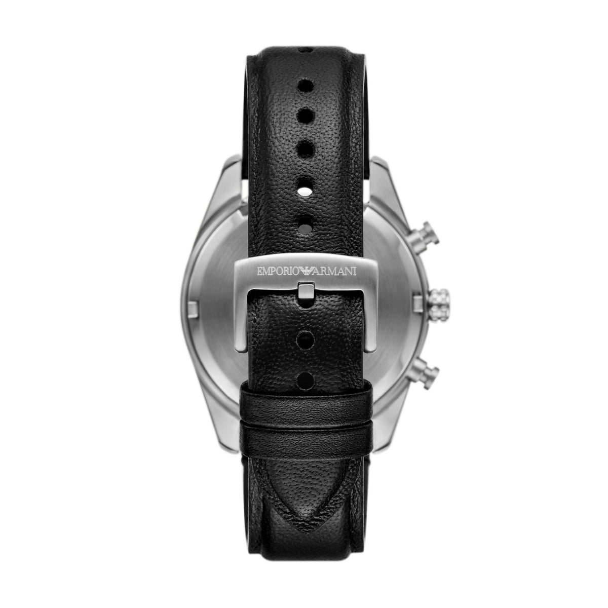 Emporio Armani Gianni T-Bar AR11677 rear view displaying black leather strap with logo engraved pin buckle