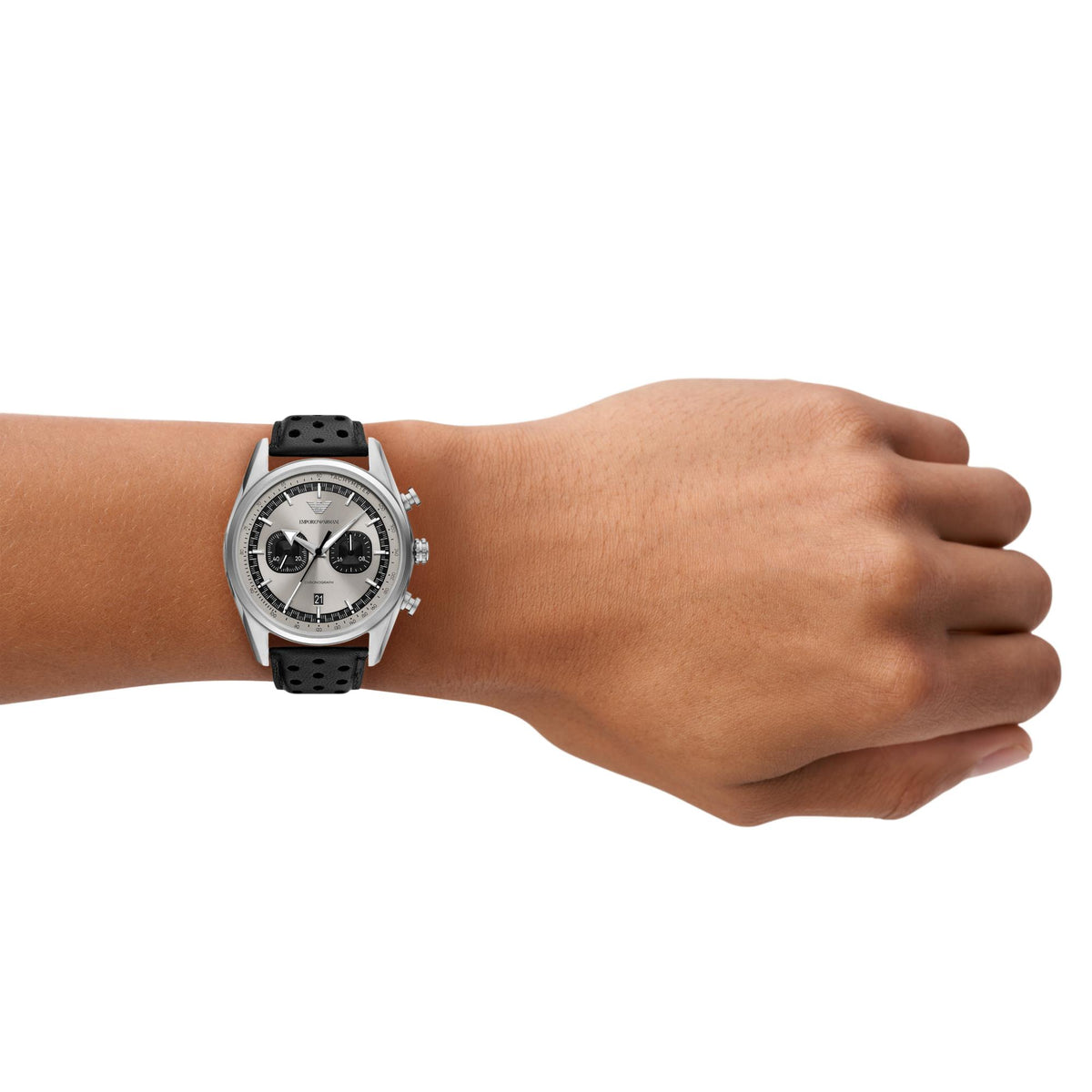 Emporio Armani Gianni T-Bar AR11677 lifestyle shot showing 42mm grey dial mens watch worn on wrist