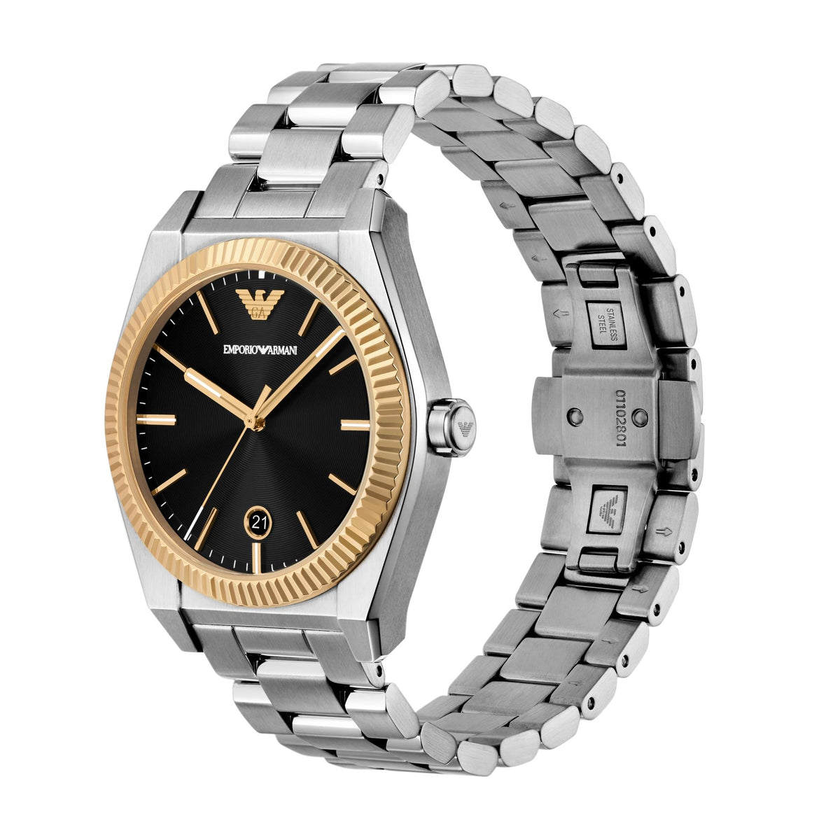 Men's quartz watch with black dial, gold bezel, steel bracelet and clasp, side view
