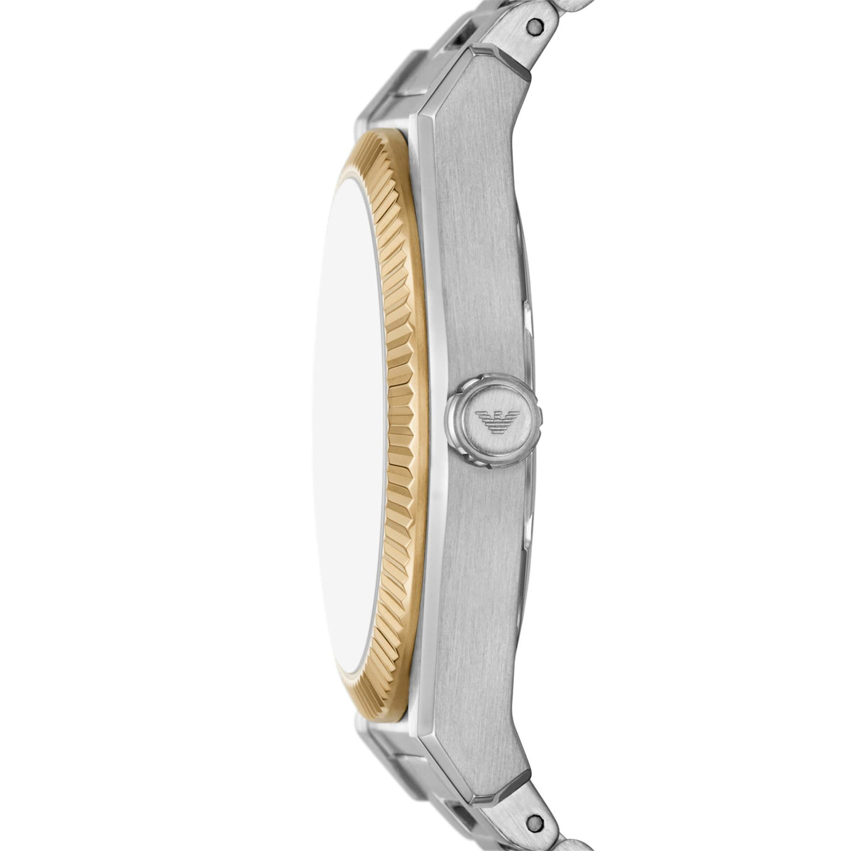 Men's steel quartz watch with gold-toned bezel edge, side profile view
