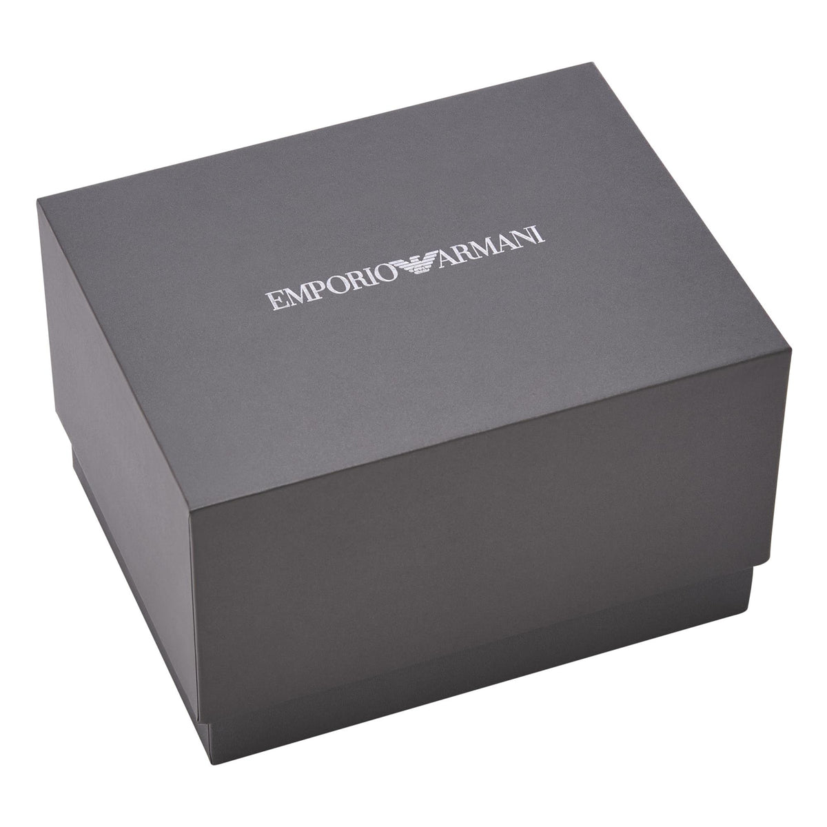 Emporio Armani watch gift box with logo on dark gray cover
