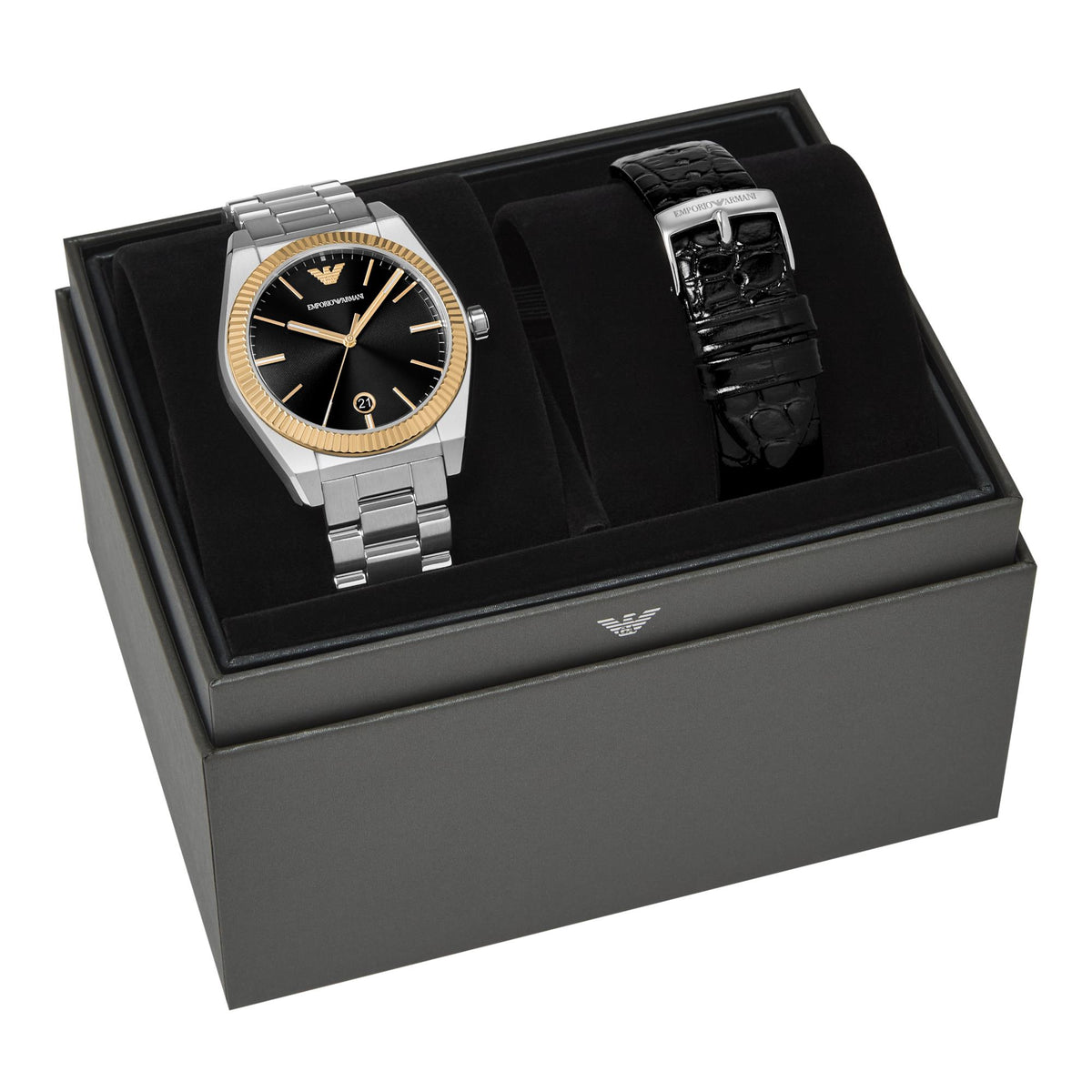 Emporio Armani watch and black leather bracelet set in open gift box