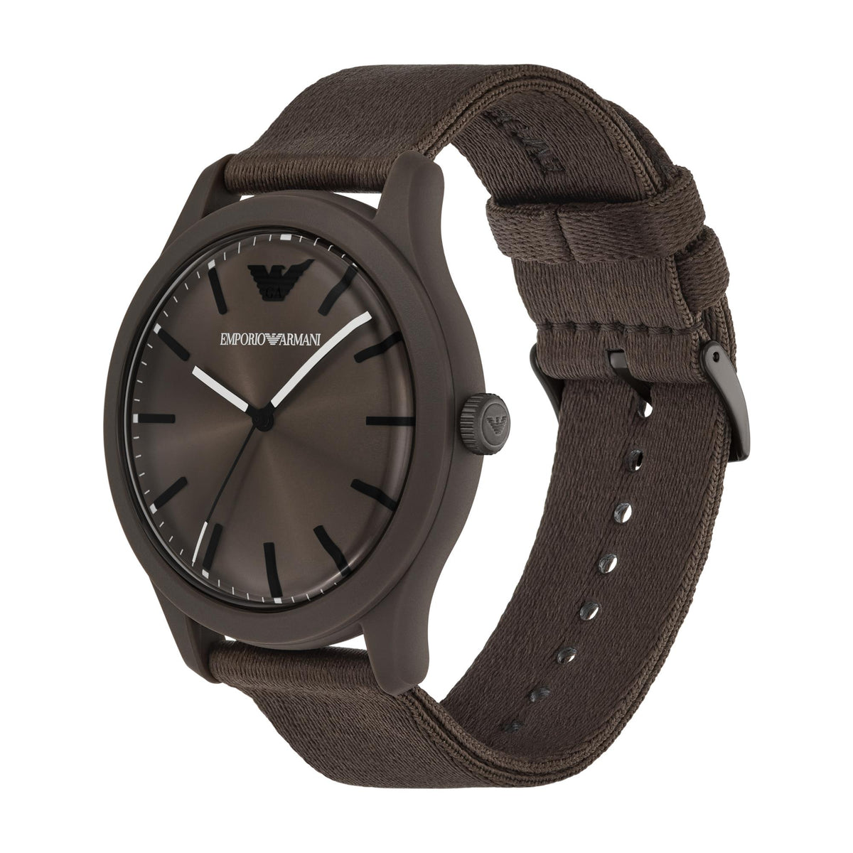 Men's Emporio Armani quartz watch with brown fabric strap and buckle, dark round case