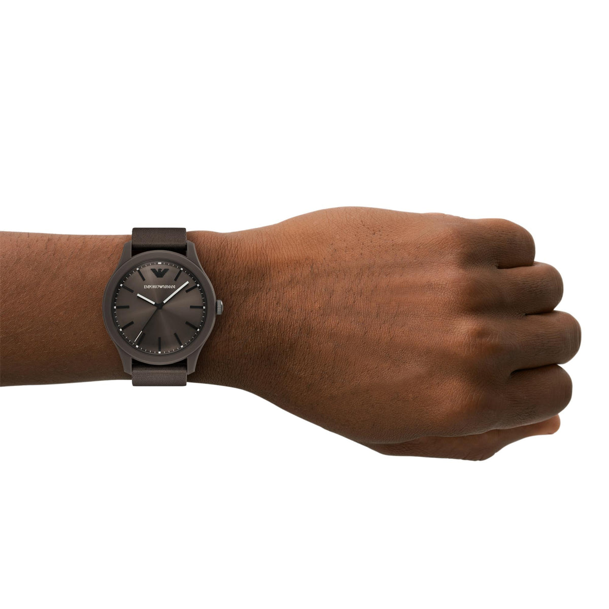 Men's Emporio Armani quartz watch worn on wrist, brown dial and dark fabric band