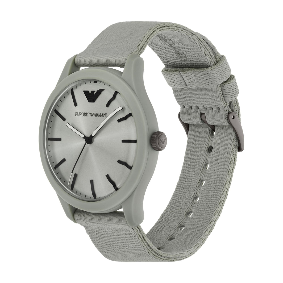 Gray fabric strap wrist watch with light gray dial, logo hands, and index markers