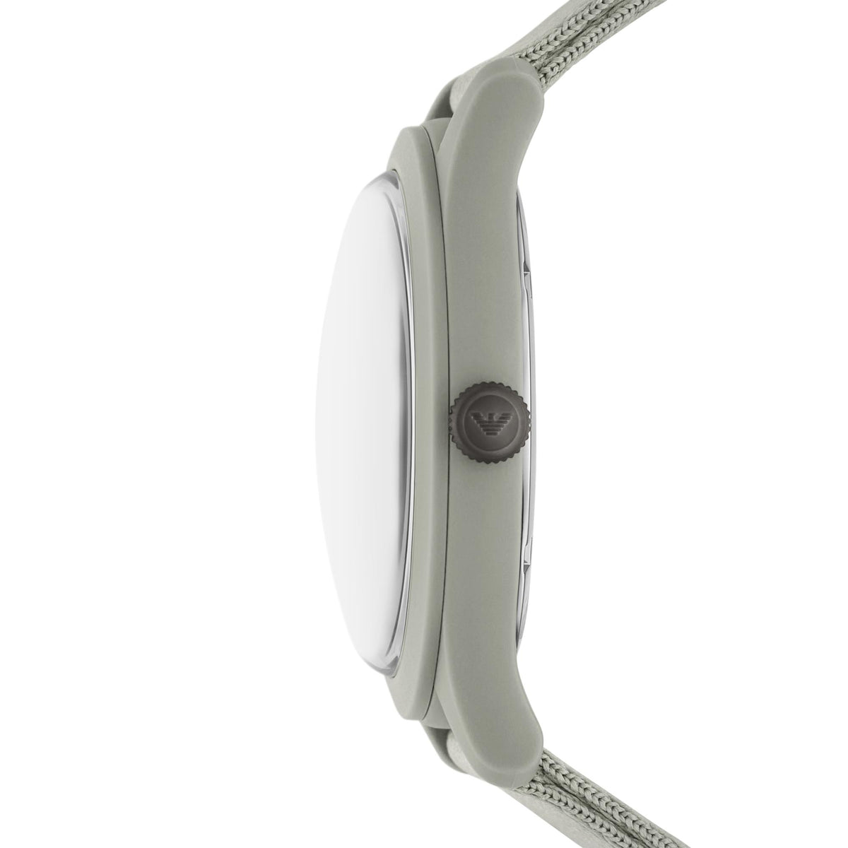 Gray watch case side with crown and textured details, paired with gray fabric strap