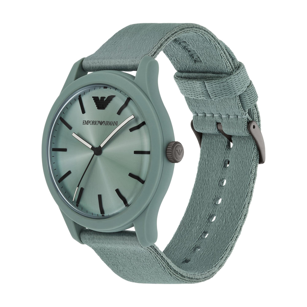 Mens teal green dial quartz watch with side crown and adjustable fabric strap