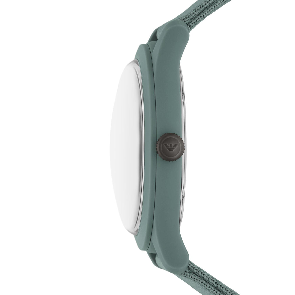 Teal green wristwatch case profile with textured crown detail