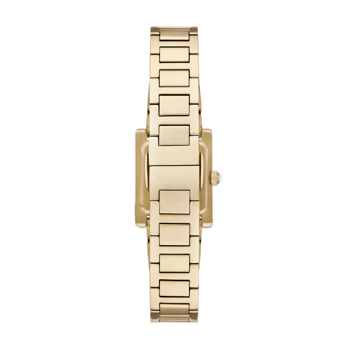 Rear view of the Emporio Armani Genni AR11663 watch highlighting the gold-tone steel case back and link bracelet construction