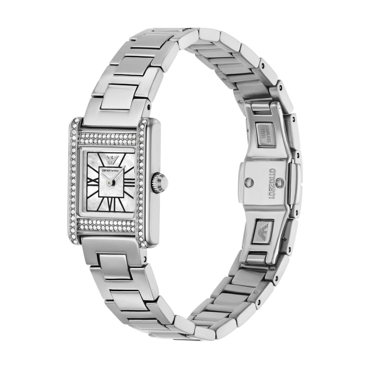 Three-quarter angle view of the Emporio Armani Genni AR11662 watch showcasing the stone-set rectangular bezel and bracelet