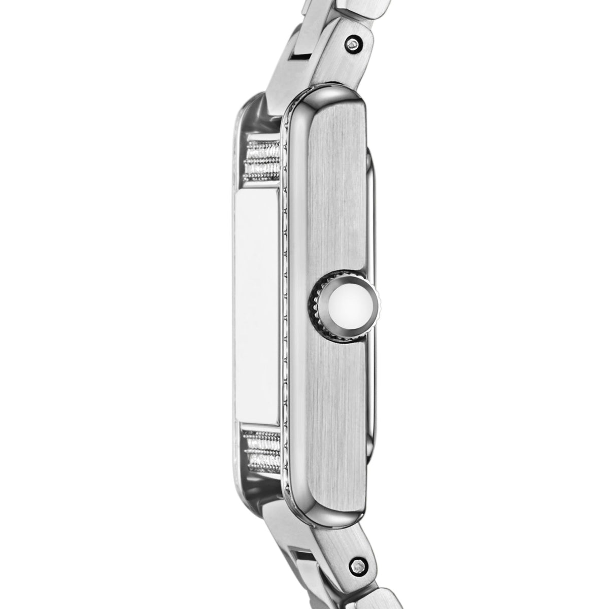 Side profile view of the Emporio Armani Genni AR11662 slim steel watch case highlighting the grooved winding crown