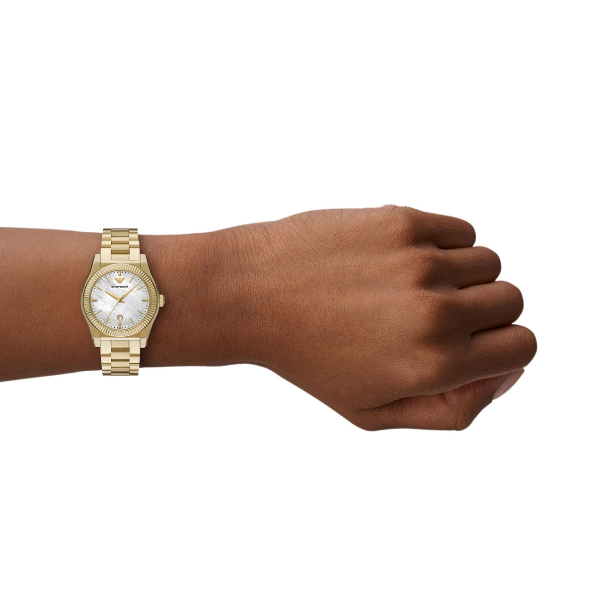 Emporio Armani Gianni T-Bar AR11657 ladies timepiece with a mother of pearl dial and gold-tone bracelet styled on a wrist