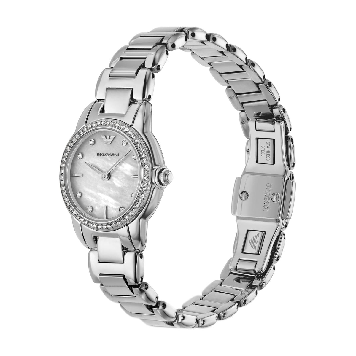 Steel ladies quartz watch with mother-of-pearl dial, crystal-studded bezel, bracelet side