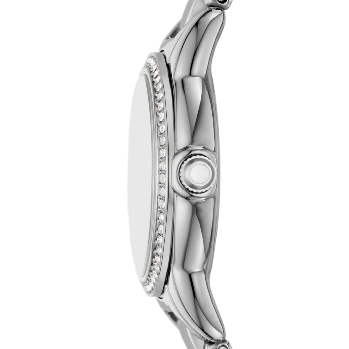 Polished steel watch case with crystal bezel and round crown detail
