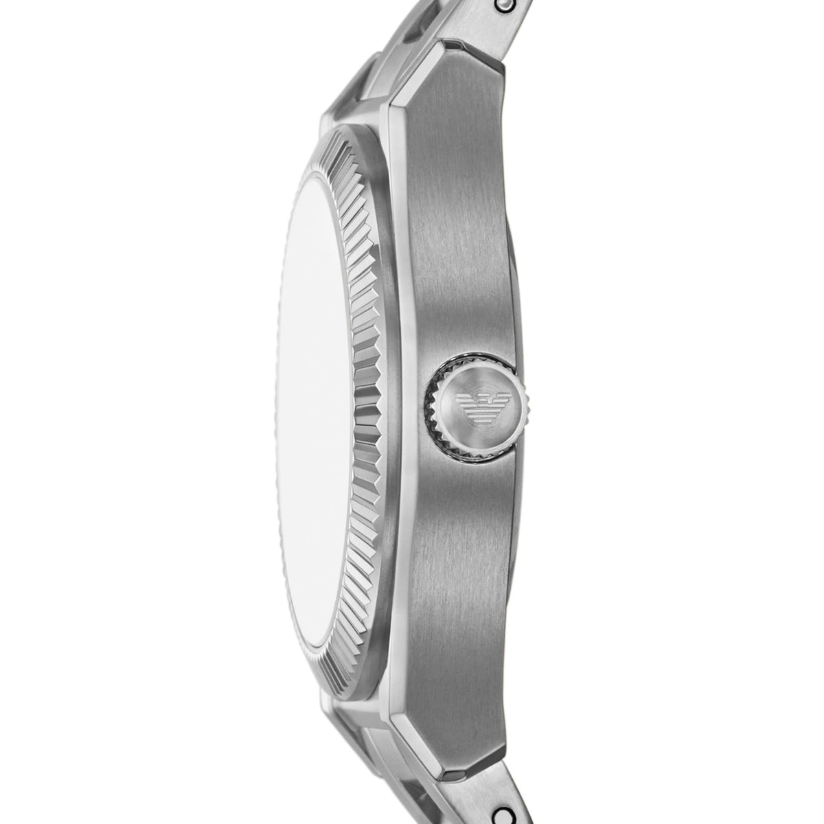 Side profile of the Emporio Armani Federica AR11658 watch highlighting the textured fluted bezel and signed winding crown