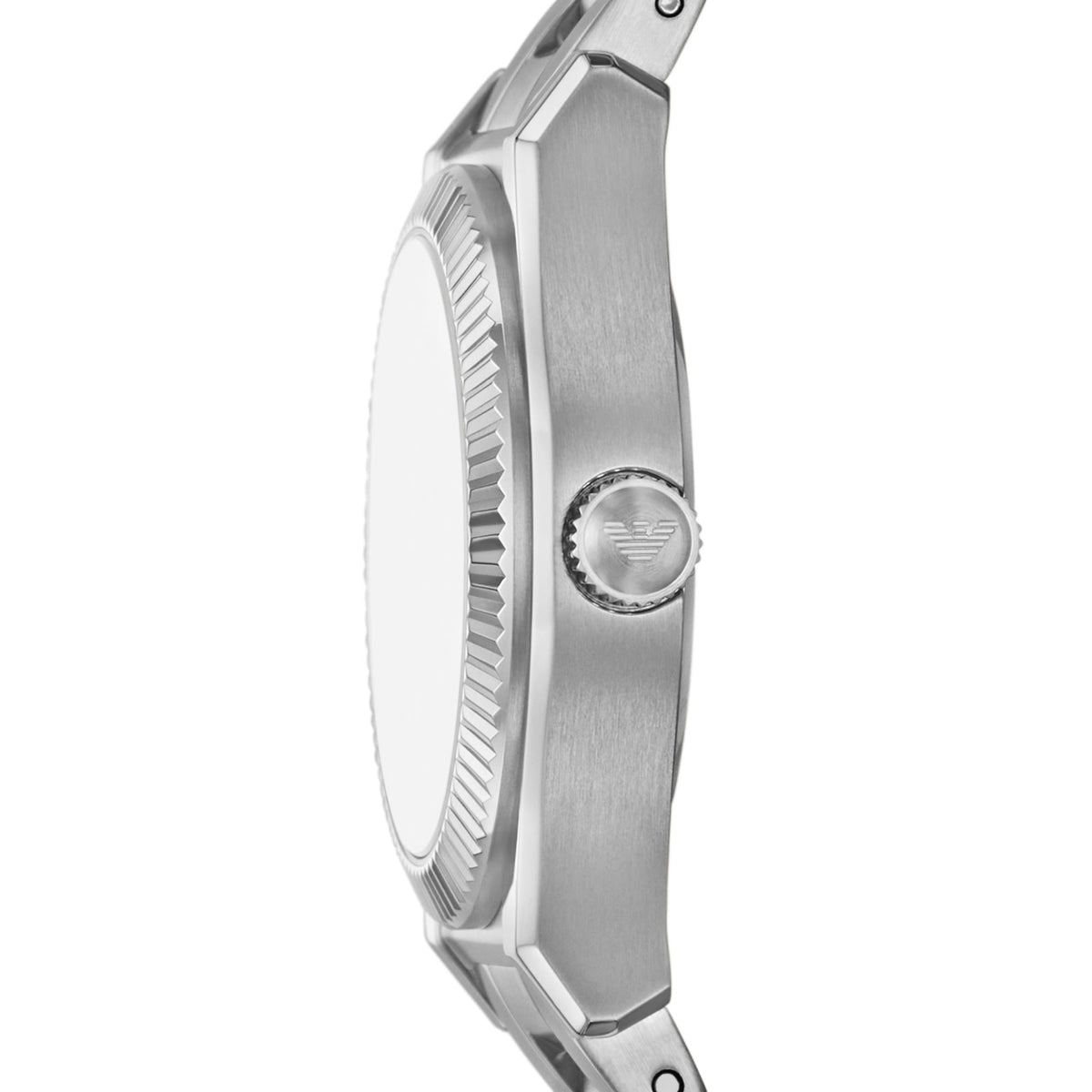 Emporio Armani Federica AR11656 side profile showing fluted bezel edge and engraved crown