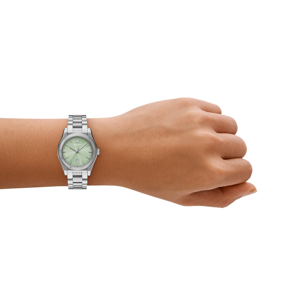 Emporio Armani Federica AR11656 lifestyle shot showing 32mm green dial ladies watch worn on wrist