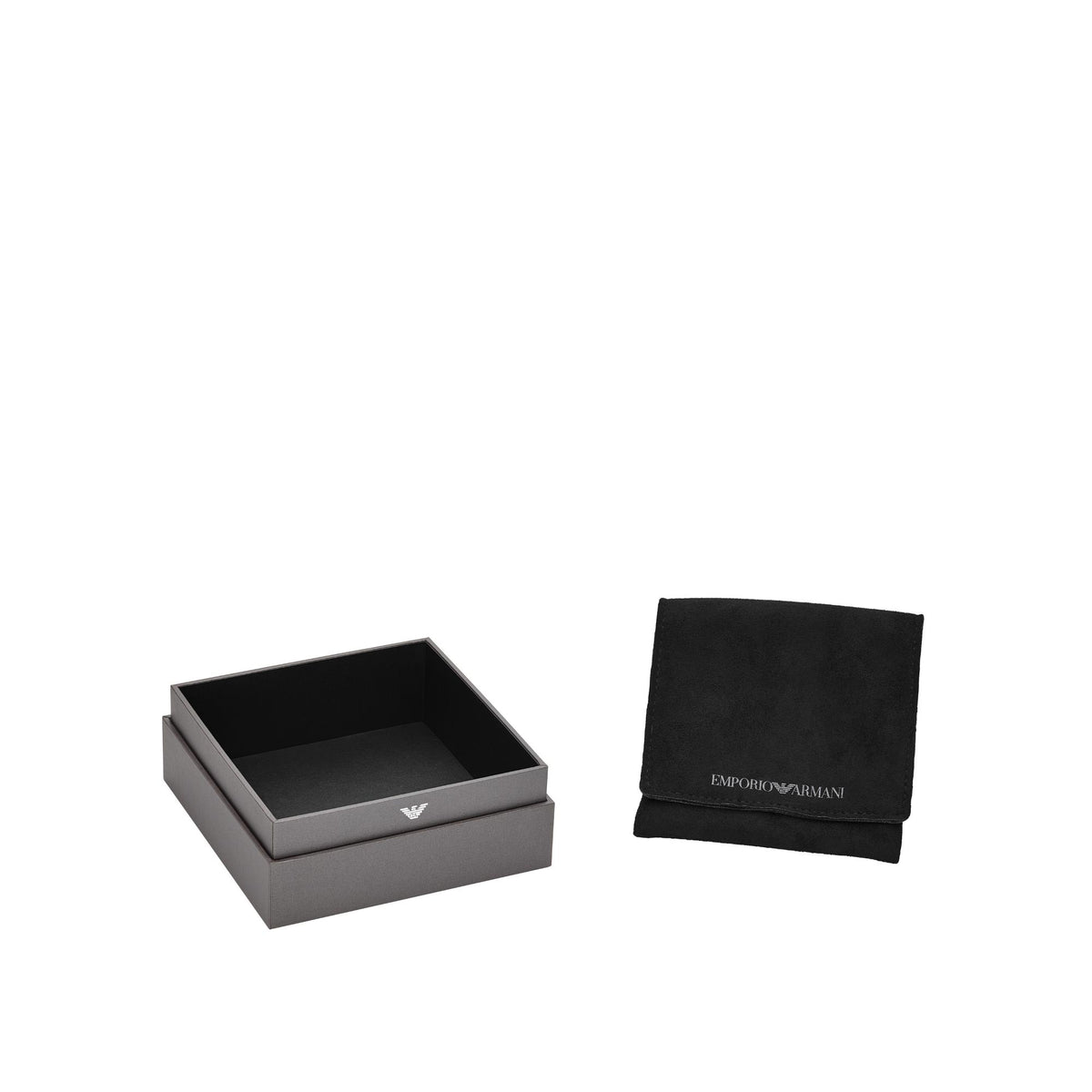 Emporio Armani gift set box and black fabric pouch for two-tone stainless steel ID bracelet