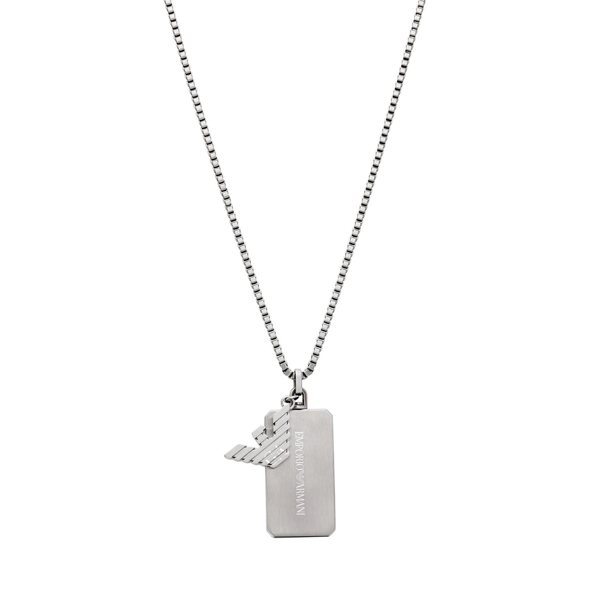 Stainless steel dog tag necklace with engraved rectangular pendant and cable chain