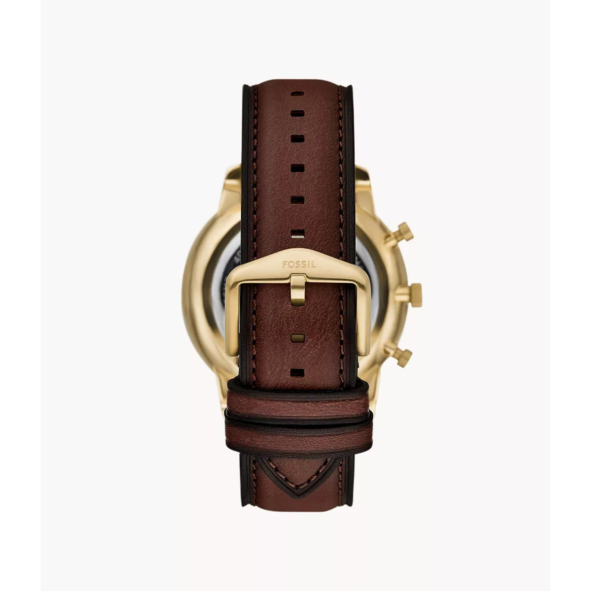 Rear view of the Fossil Neutra FS6113 quartz watch showing the brown leather band with tonal stitching and gold-tone pin buckle closure