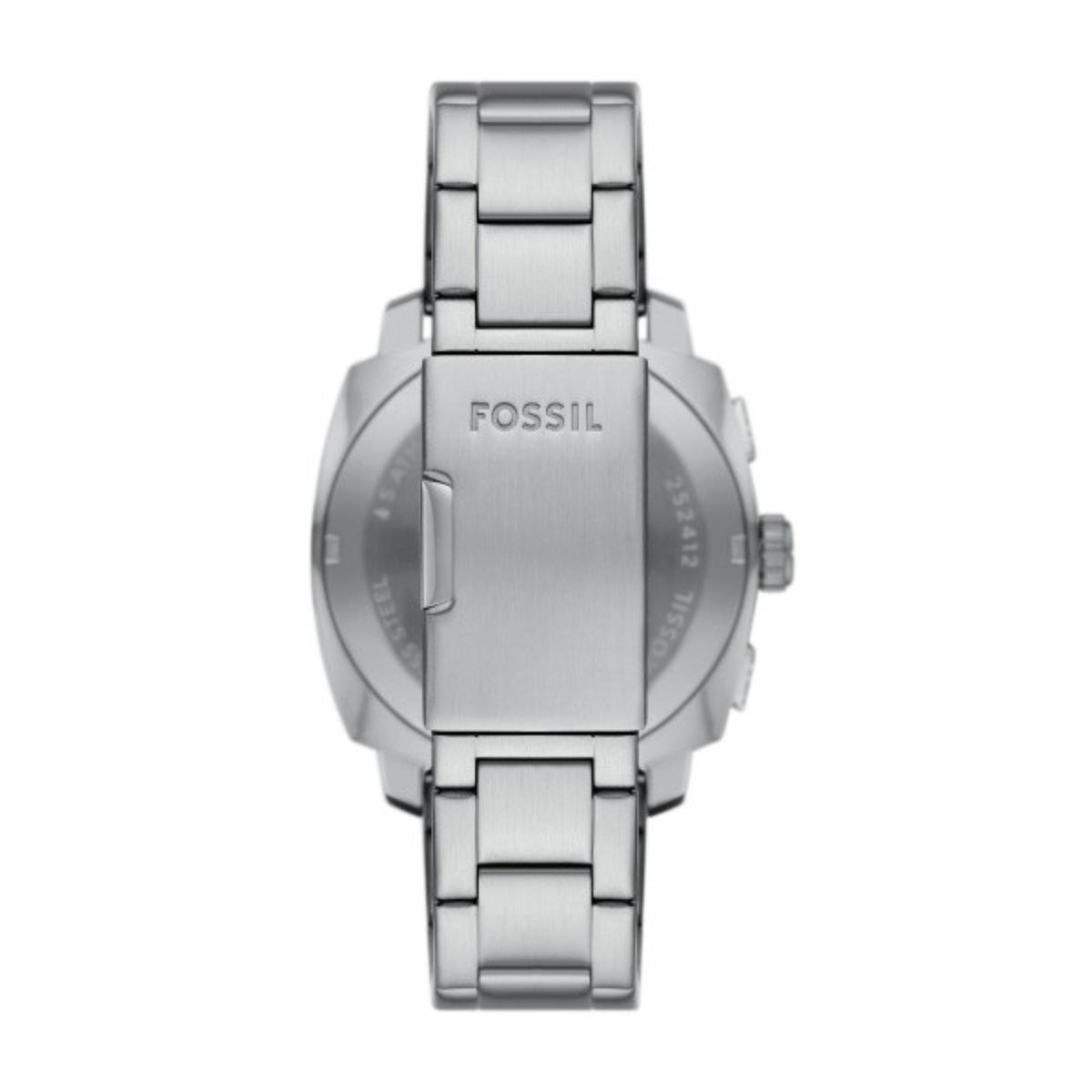 Fossil chronograph wrist watch with black dial and stainless steel bracelet