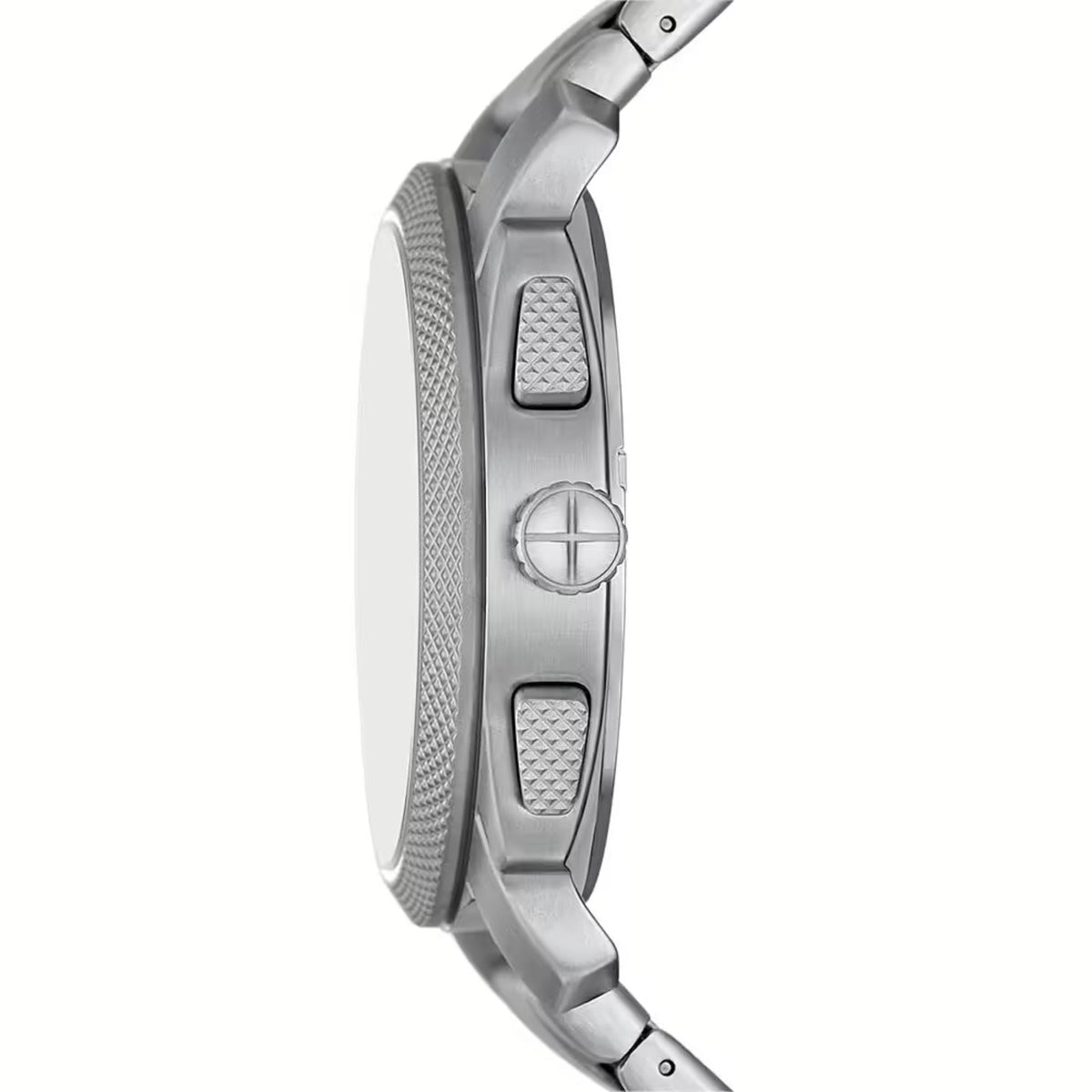 Fossil 44mm chronograph watch side view with stainless steel case and textured pushers
