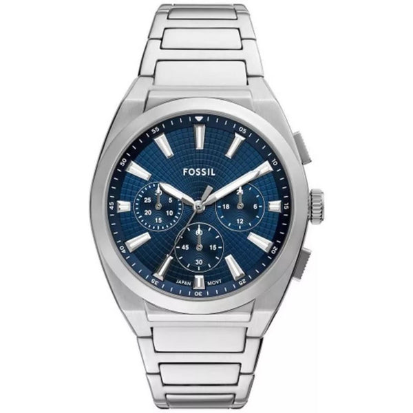 Fossil Everett FS6104 front view of blue dial chronograph with steel case and bracelet