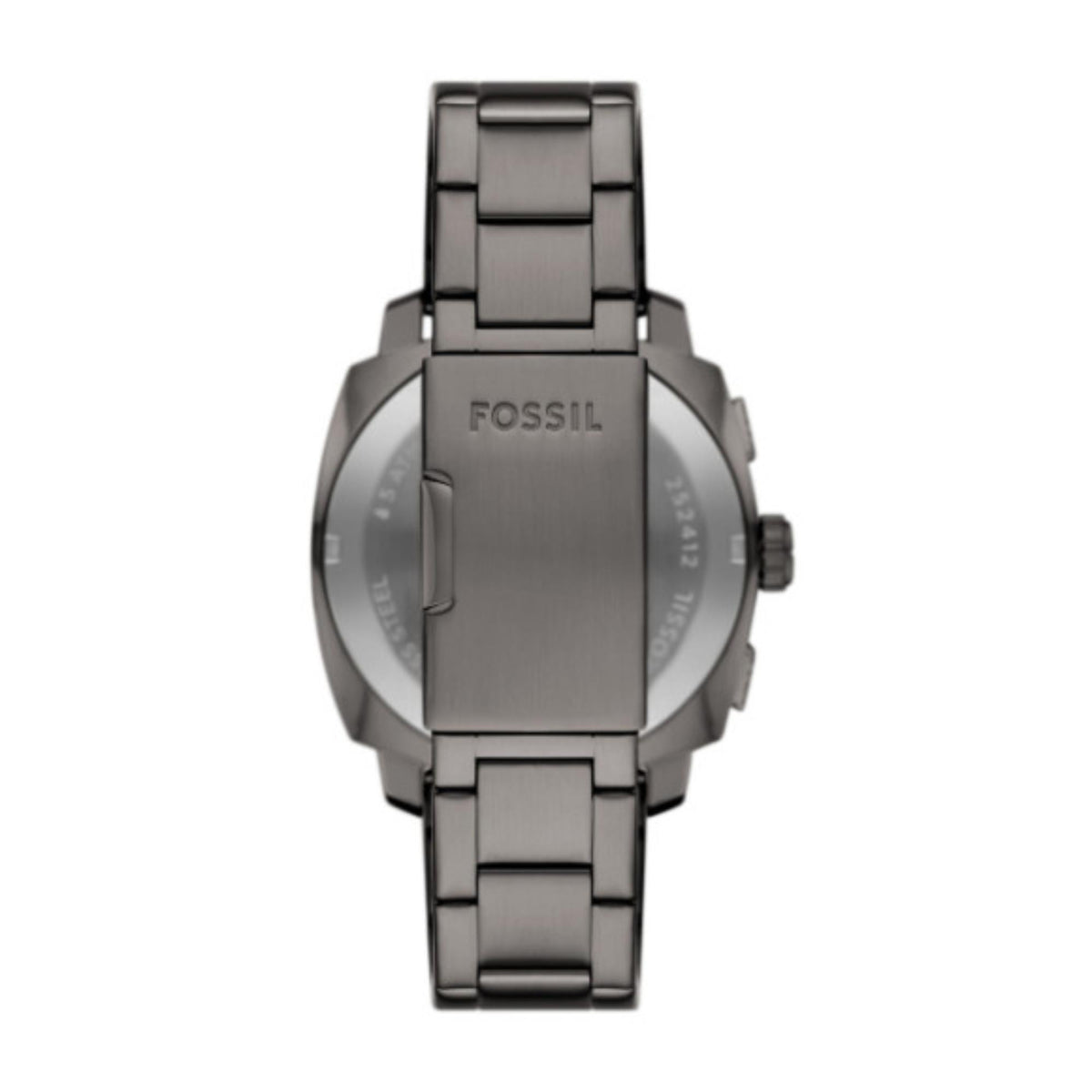 Steel chronograph watch back with engraved panel and link bracelet