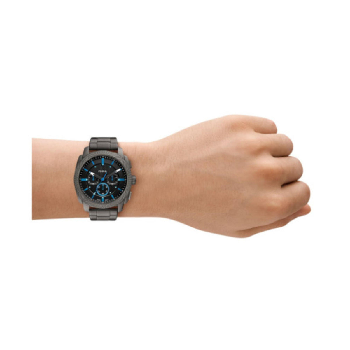 Men's steel chronograph watch worn on wrist, black dial with blue details