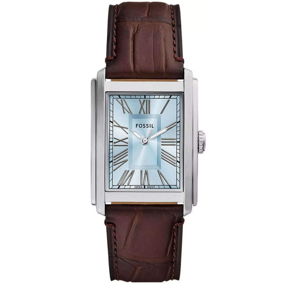 Men's Fossil quartz watch with blue dial, square case, brown leather strap