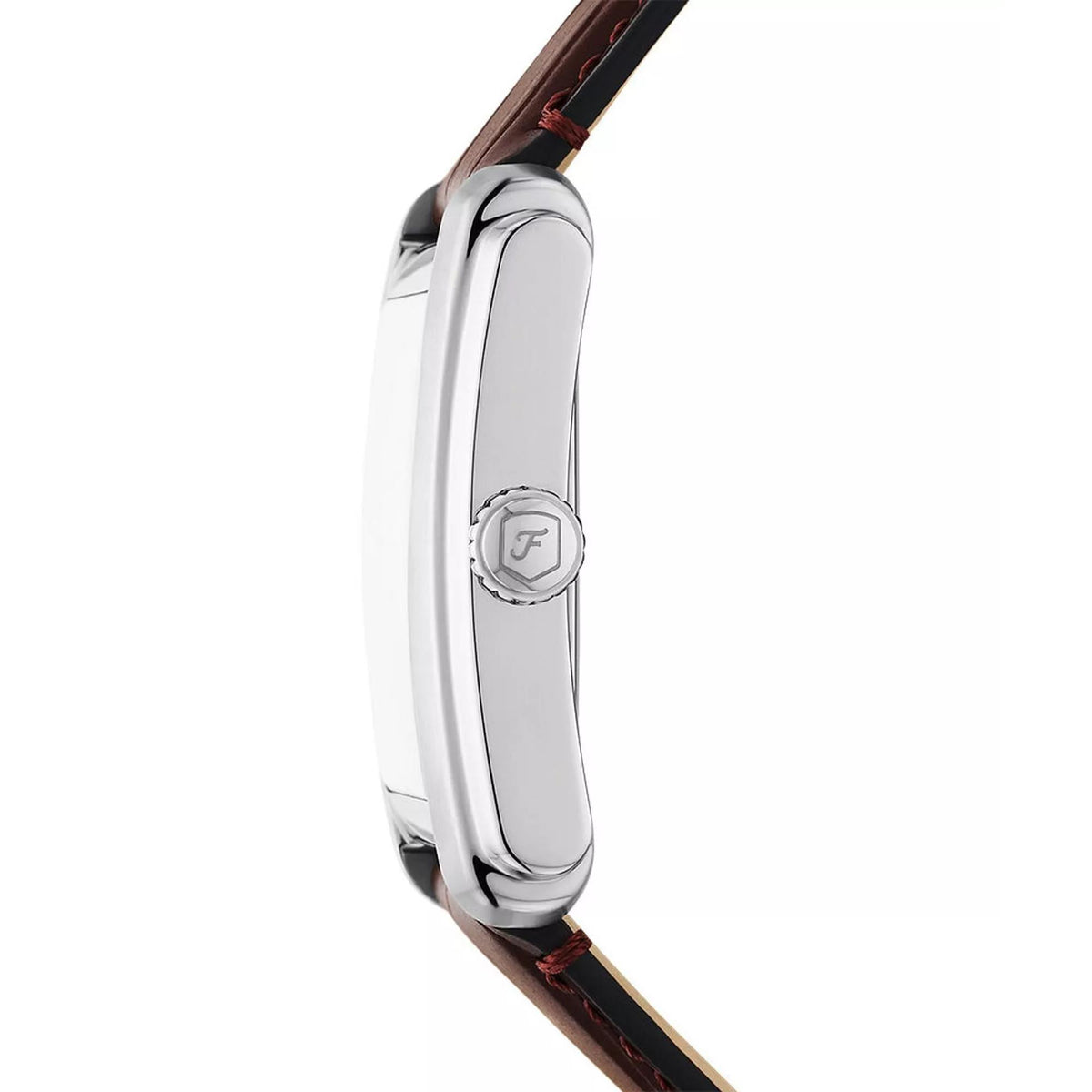 Men's Fossil quartz watch side view, silver-tone case, brown leather strap