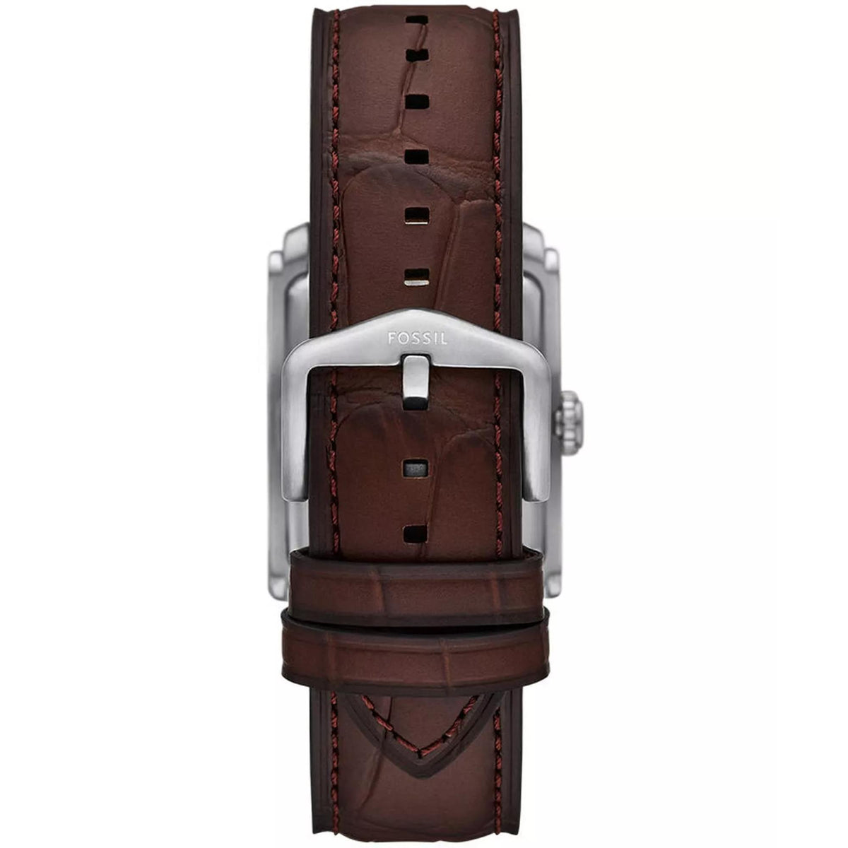Men's Fossil watch back, square case with crown, brown leather strap