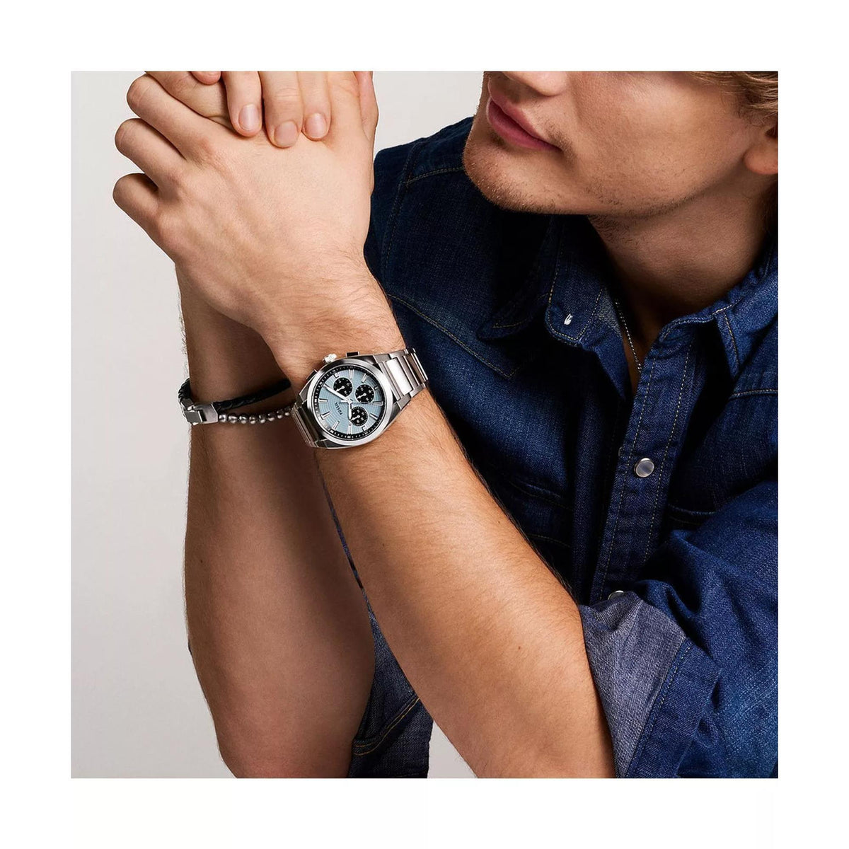 Mens stainless steel chronograph watch with blue dial on link bracelet