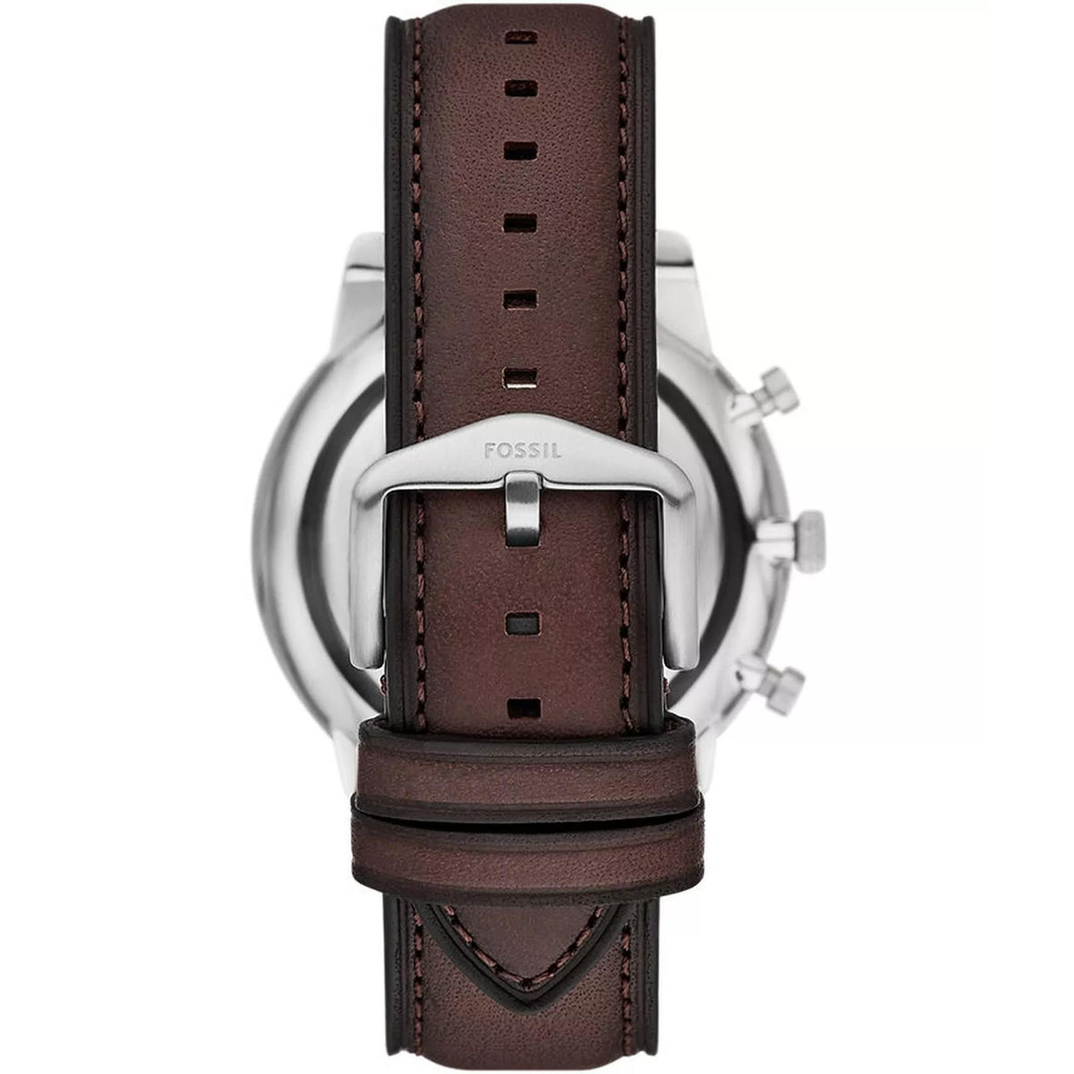 Men's chronograph watch caseback view with brown leather strap