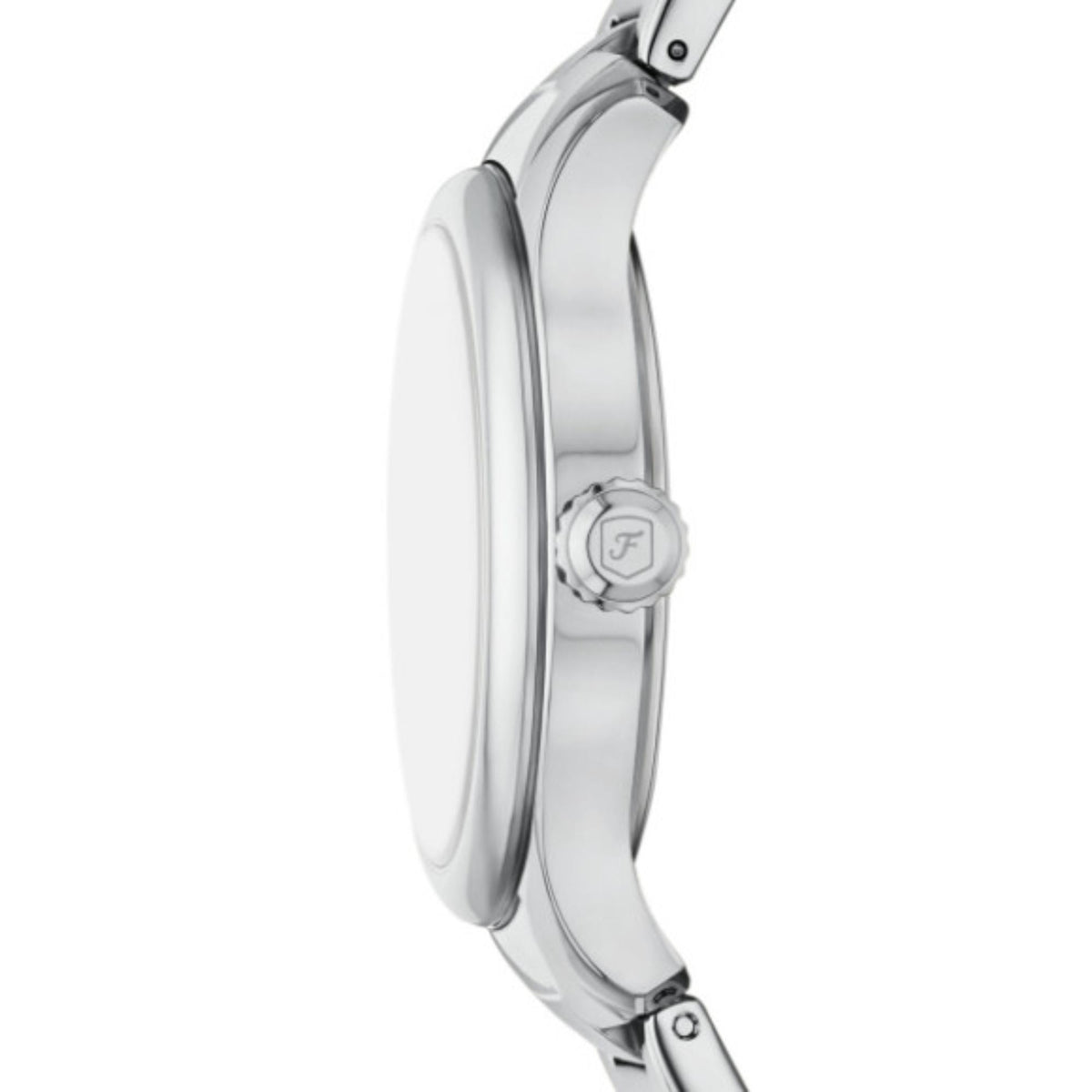 Side view of the Fossil Gilmore ES5393 timepiece highlighting the slim steel case profile and textured winding crown