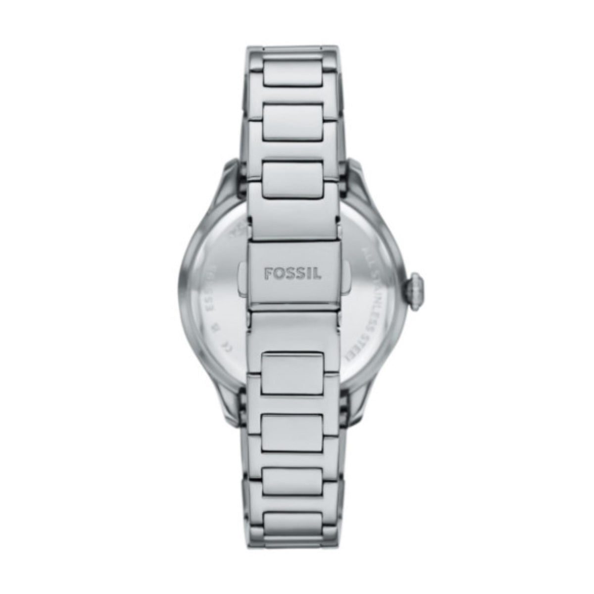 Back view of the Fossil Gilmore ES5393 quartz watch showing the stainless steel bracelet clasp and engraved case back