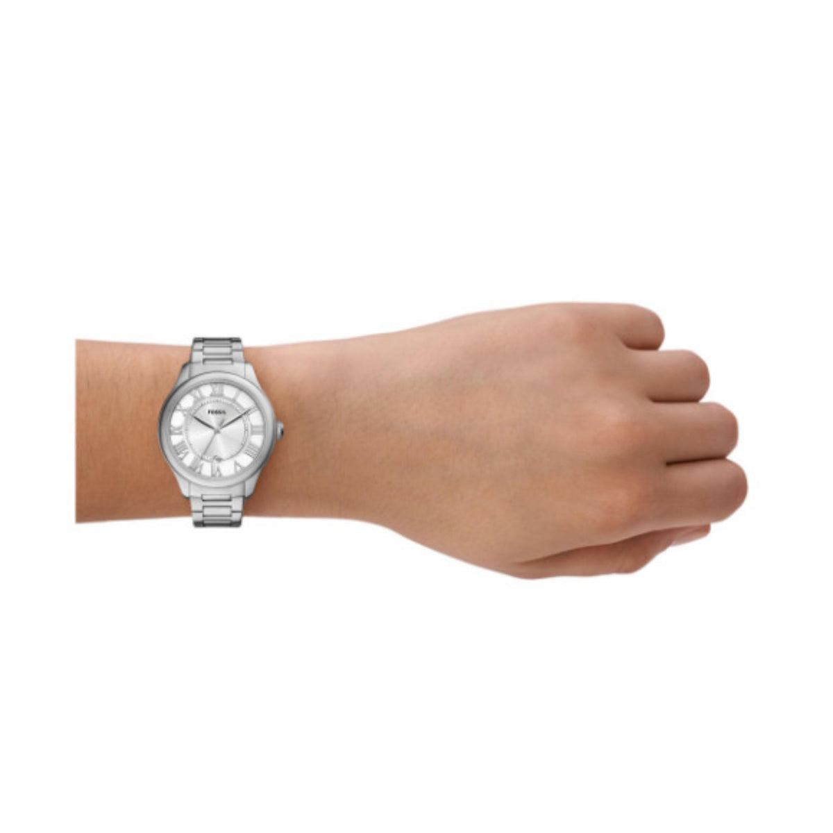 On-wrist view of the Fossil Gilmore ES5393 ladies watch featuring a 38mm steel case and silver dial