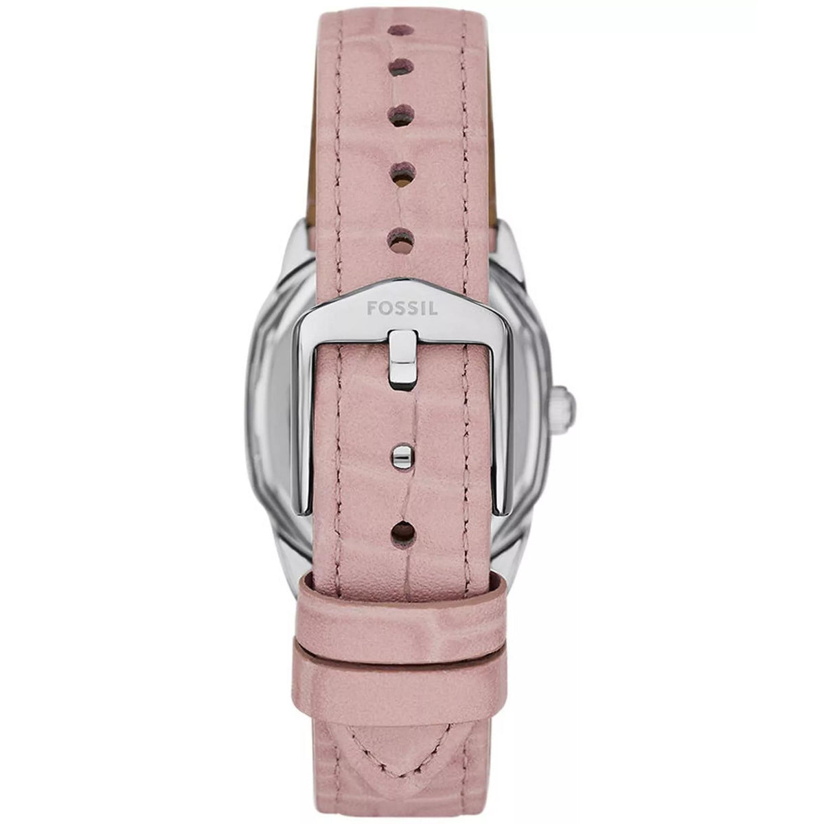 Pink leather watch strap with metal case, visible crown, and light cream-toned dial