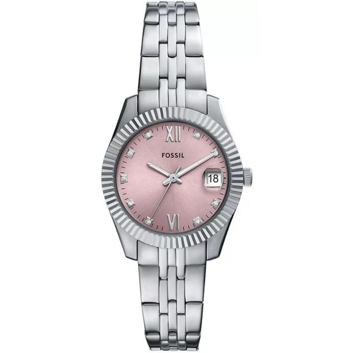 Ladies stainless steel quartz watch with pink dial, Roman numerals, 33mm case, link bracelet