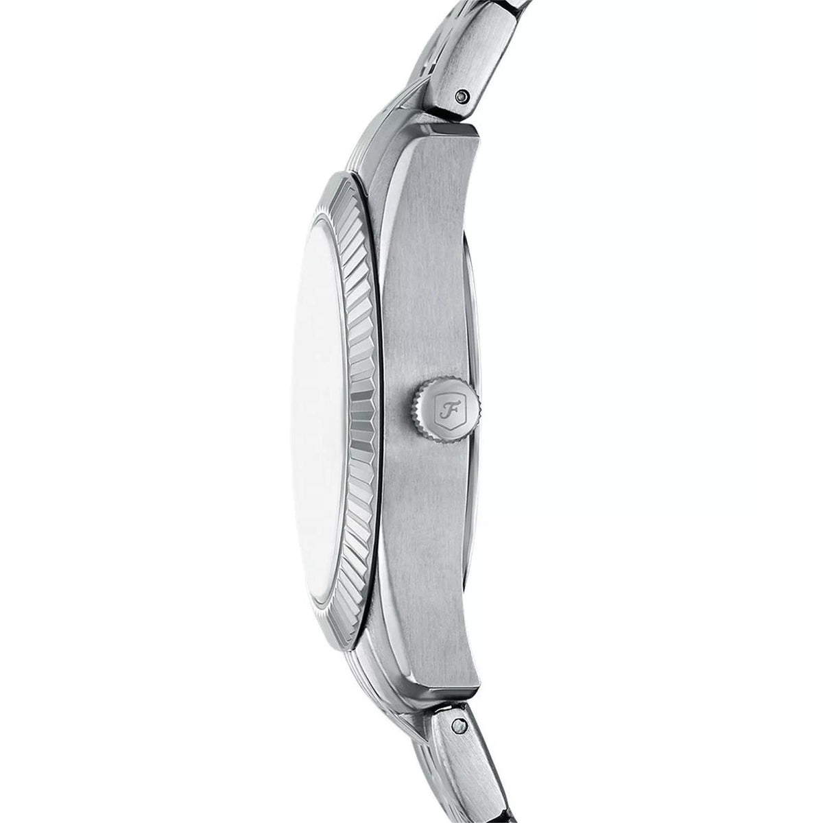 Stainless steel watch case side with crown, link bracelet, pink dial visible