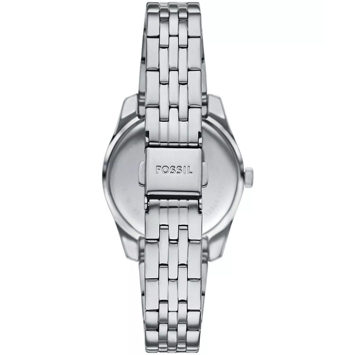 Stainless steel ladies quartz watch with pink dial, metal bracelet, caseback branding