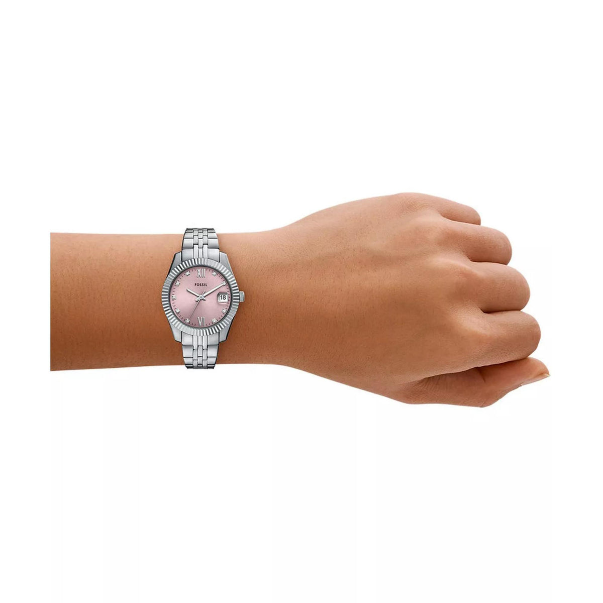 Stainless steel quartz watch with pink dial on wrist, silver link bracelet