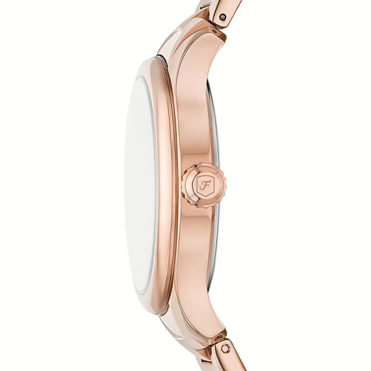 Side profile view of the Fossil Gilmore ES5394 watch showcasing the rose gold-tone case and textured crown with signature logo